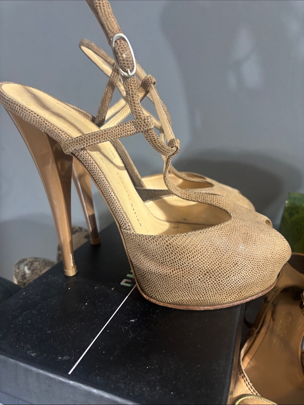 Giuseppe Zanotti Tan Textured Platform Stiletto Heels